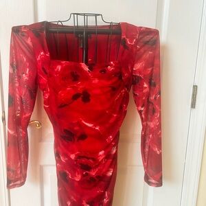 INC International Concepts Red and Black Floral Long Sheer Sleeves Rushed Fit